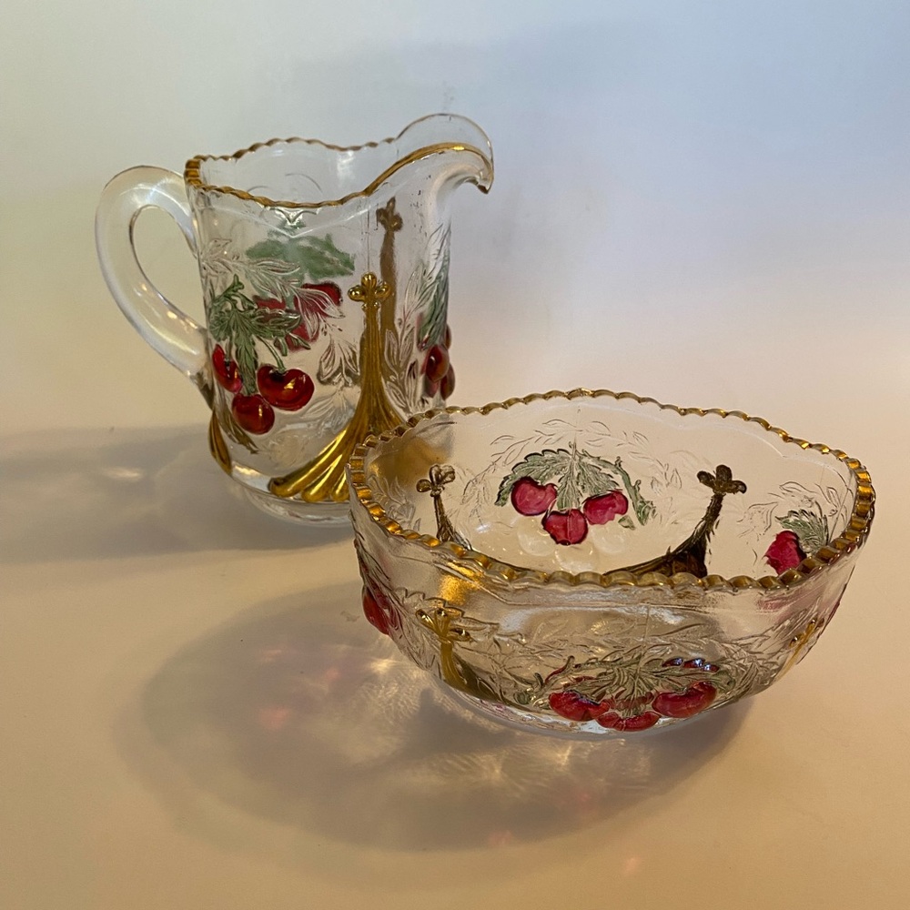 Vintage LG Wright Cherry & Fan Pitcher & Berry Bowl Set Ruby Gold Grandmillenial